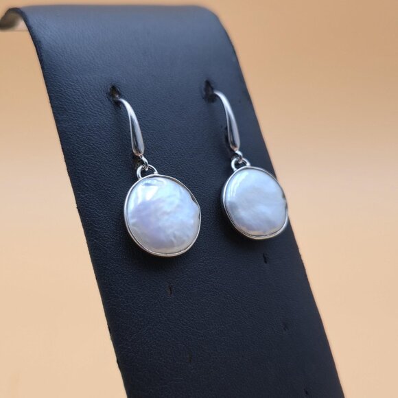 Sterling Silver Large Genuine Round Pearl Dangle Earrings A5390 - Picture 2 of 6